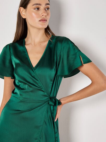 Satin Ruffle Wrap Maxi Dress