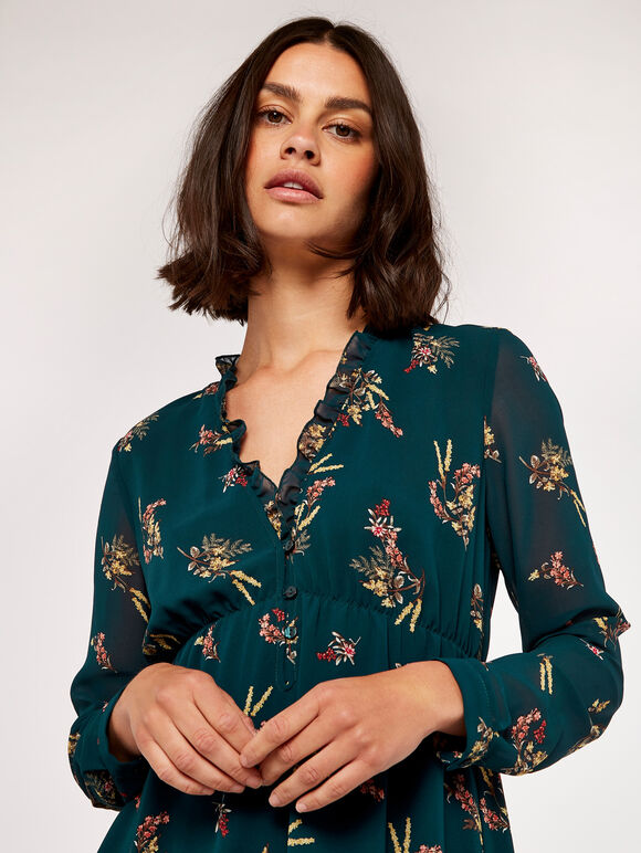 Floral Ruffle Mini Dress, Green, large