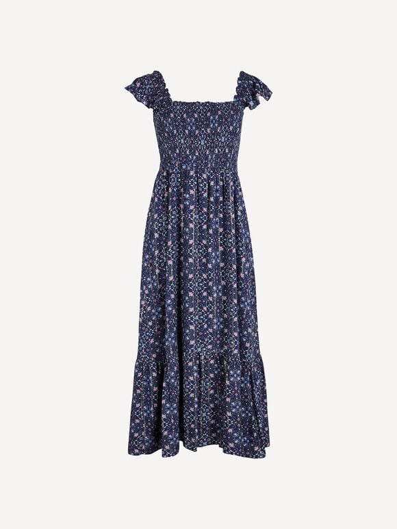 Folk Floral Metallic Midi Dress, Navy, large