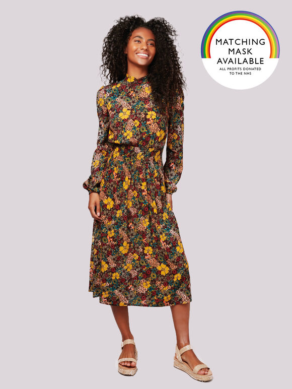 Retro Floral Smock Waist Midi Dress, Black, large