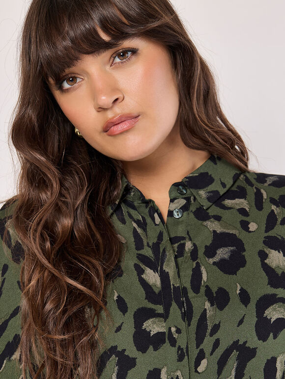 Cheetah Oversized Shirt Mini Dress, Khaki, large