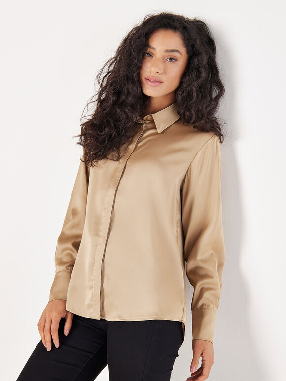 Oversized Satin Shirt, Cream, large