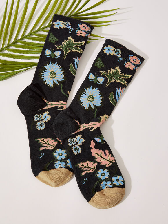 Floral Socks, Black, large