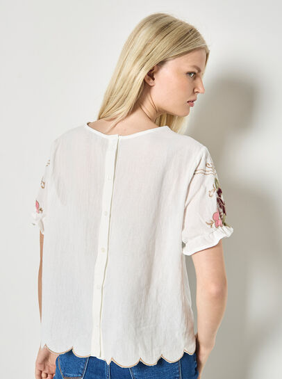 Floral Embroidered Ruffle Sleeve Cotton Top