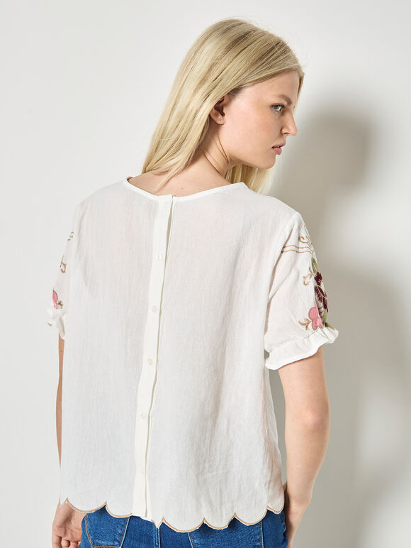 Floral Embroidered Ruffle Sleeve Cotton Top, White, large