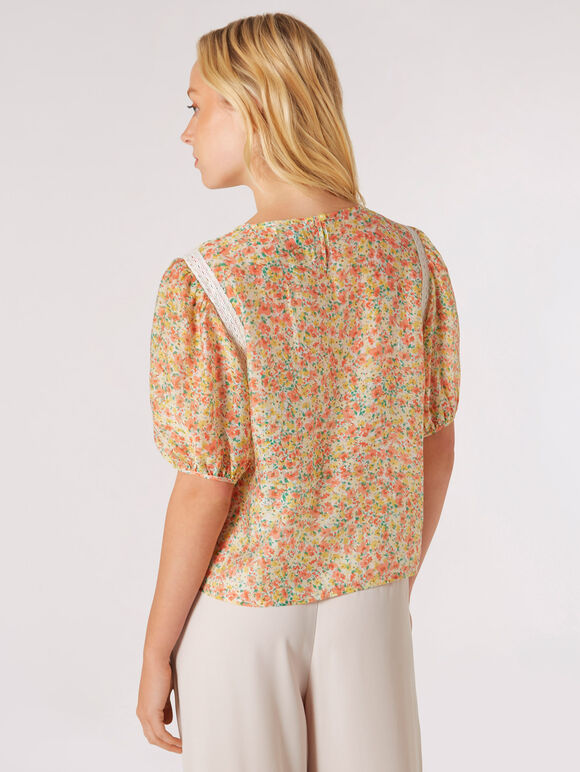 Bluse mit Biesen und Falten aus floraler Spitze, Creme, Größe L