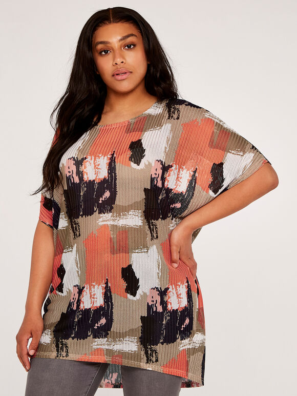 Curve Paintsplash Mesh Oversized Top, Coral, large
