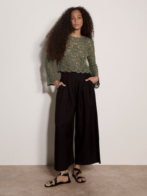 Boho Floral Crochet Top, Khaki, large