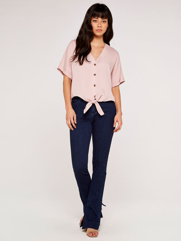 Button Tie Front Top, Pink, large