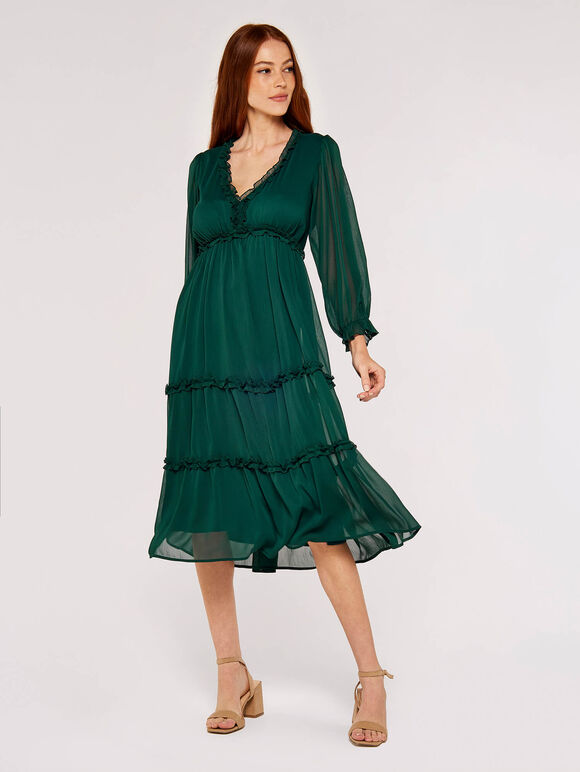 Crinkle Ruffle Midi Dress, Green, large