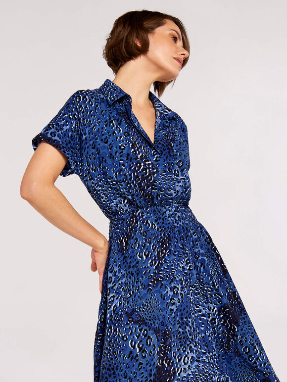 Leopard Print Shirt Midi Dress, Blue, large