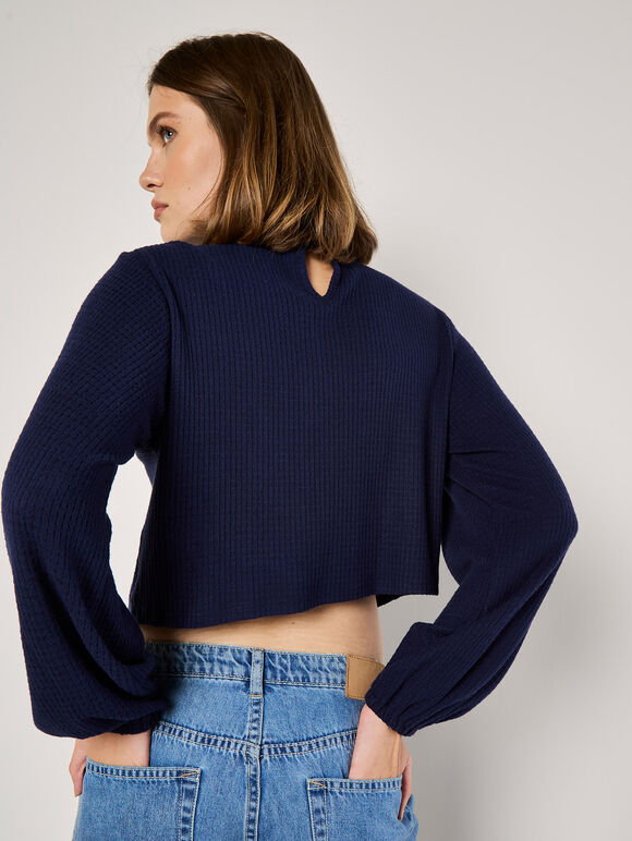 Waffle Knit Wrap Top, Navy, large