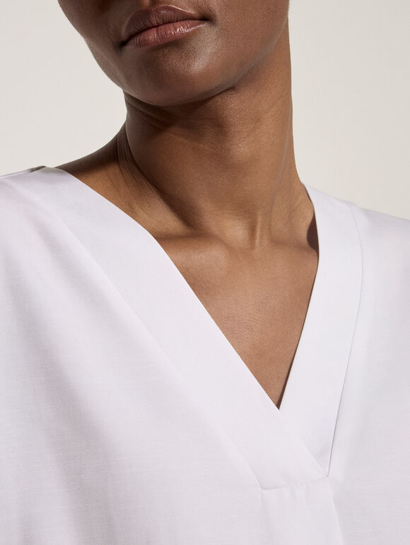 Pleated V-Neck Blouse, White, large