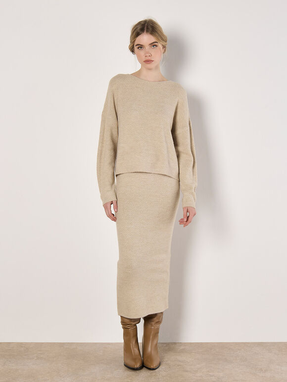 Waffle Knit Batwing Jumper, Stone, large