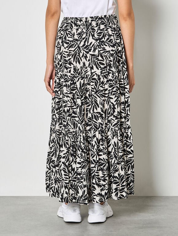 Leaf Print Tiered Midi Skirt, Cream, large