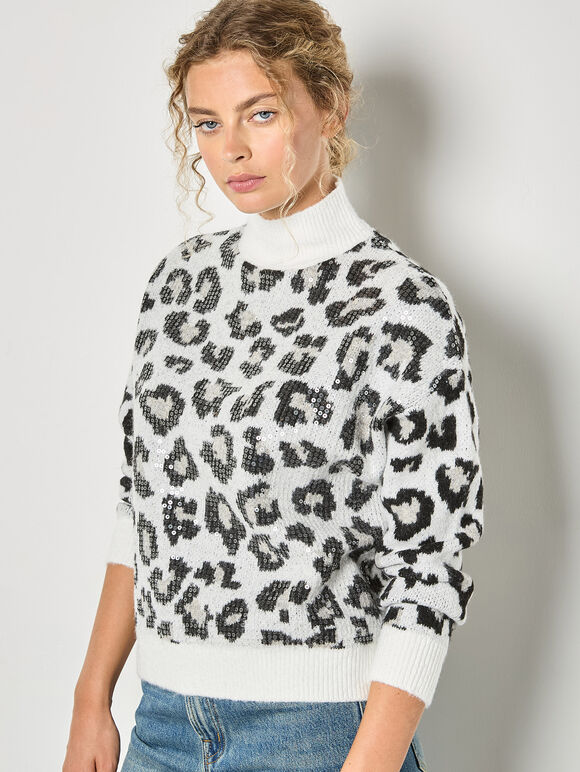 Sequin Leopard Print Jumper, White, large
