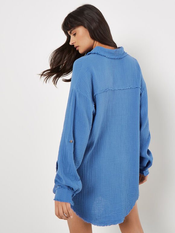 Textured Cotton Oversized Shirt, Blue, large