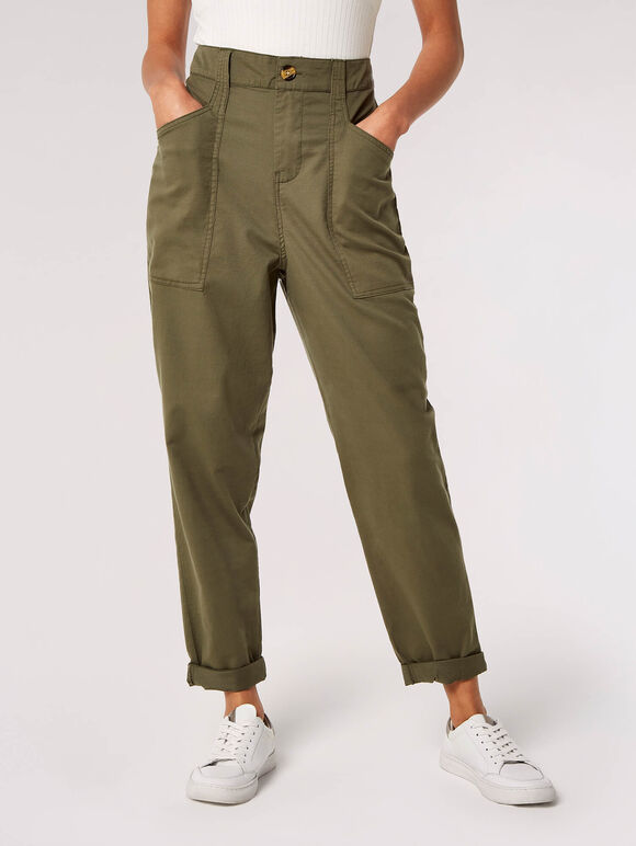 Mittelhohe Hose mit geradem Bein, Khaki, Größe L