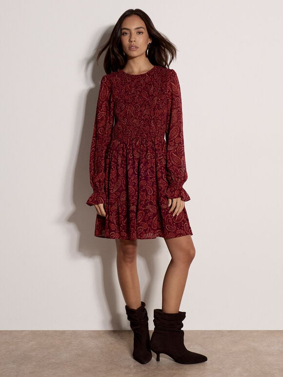 Paisley Chiffon Mini Dress, Burgundy, large