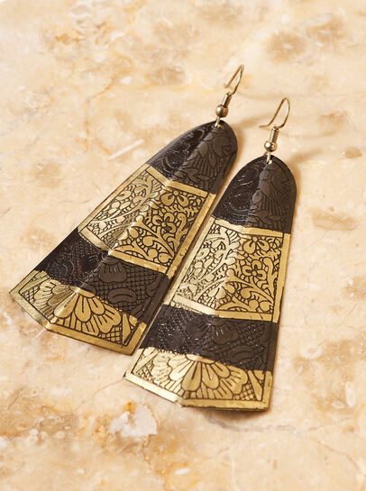 Gold Floral Engraved Drop Earrings