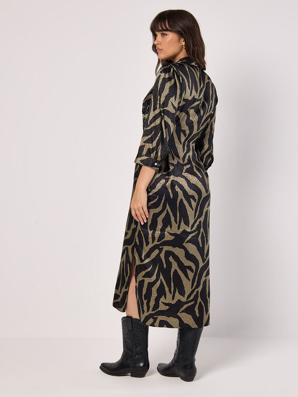 Textured Satin Zebra Midi Dress, Khaki, large