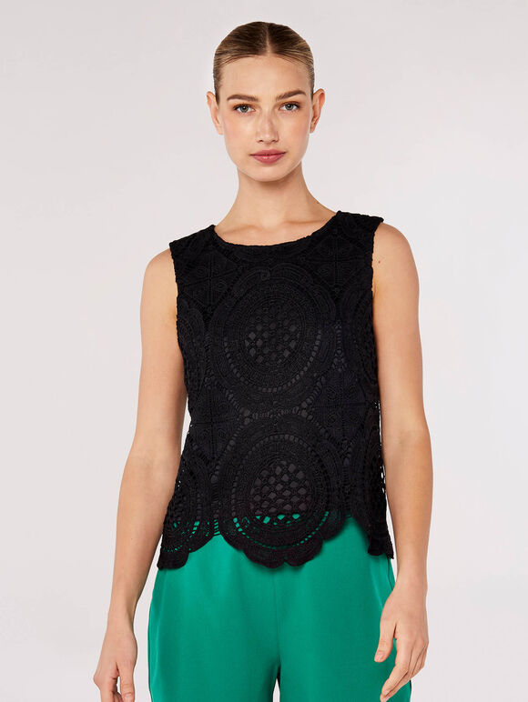 Lace Sleeveless Scallop Top, Black, large