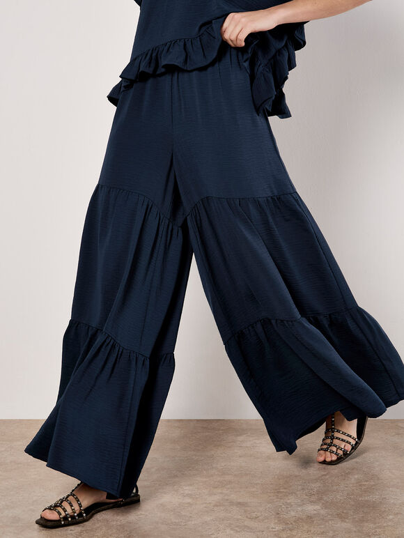Navy Ruffle Trim Woven Top & Trouser Co-ord, , large