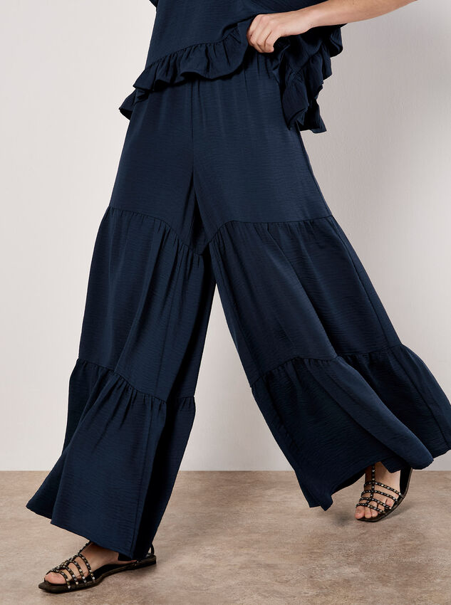 Wide Leg Tiered Trousers, Navy, large