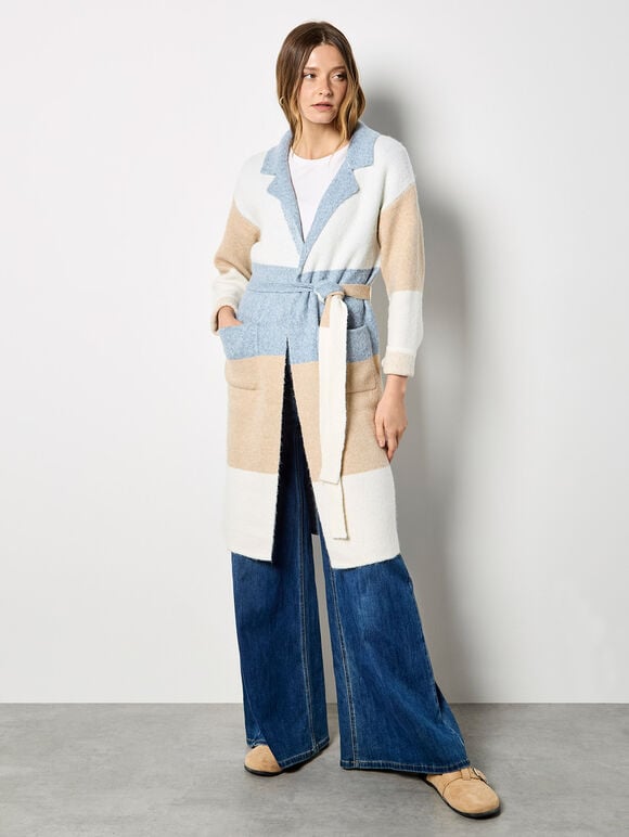 Colour Block Belted Coatigan, Stone, large