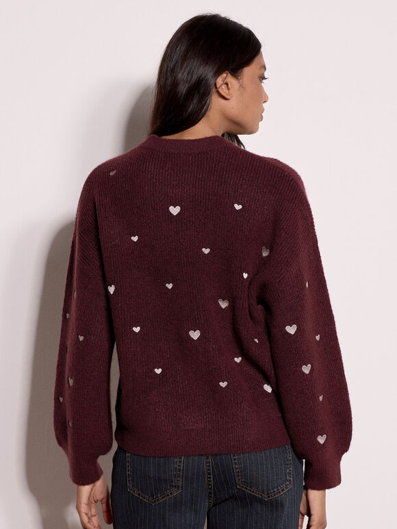 Embroidered Heart Jumper, Plum, large