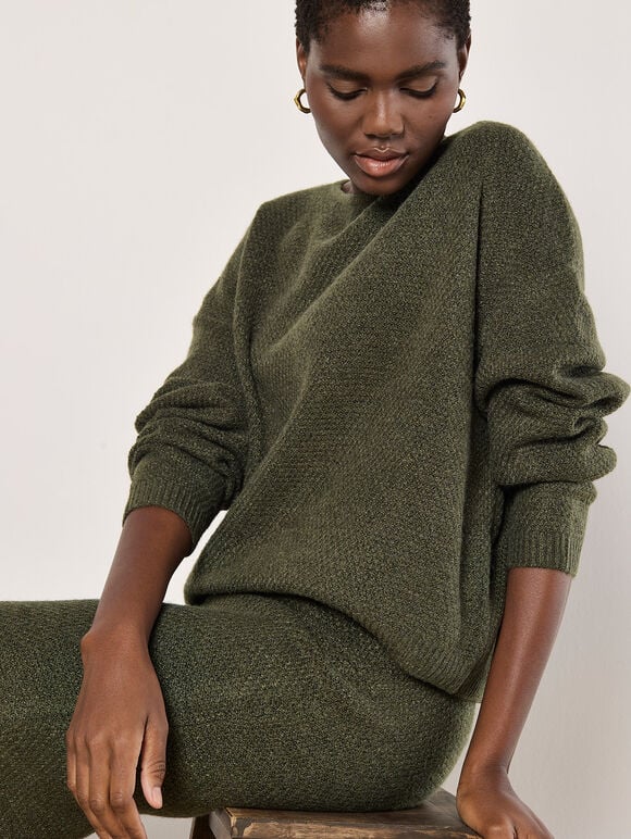 Waffle Knit Batwing Jumper, Green, large