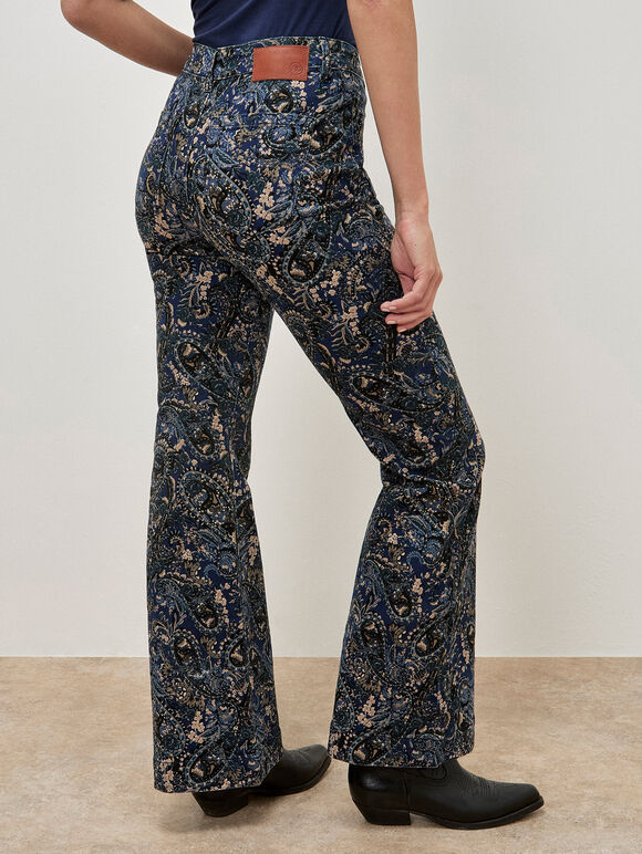 Paisley Print High Waist Flare Jeans, Blue, large