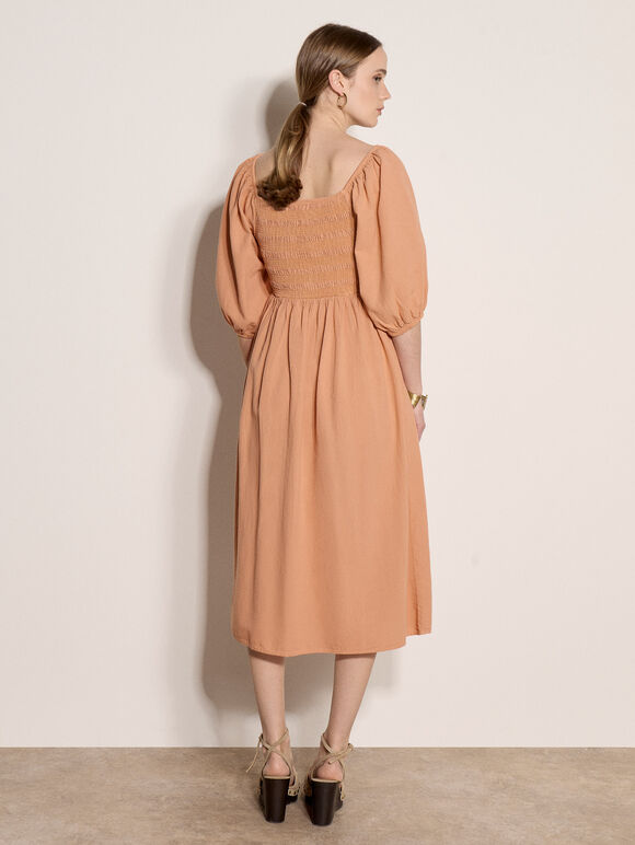 Ruffle Cotton Milkmaid Midi Dress, Peach, large