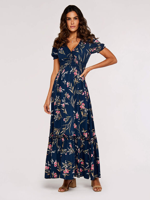 Watercolor Floral Maxi Dress, Navy, large