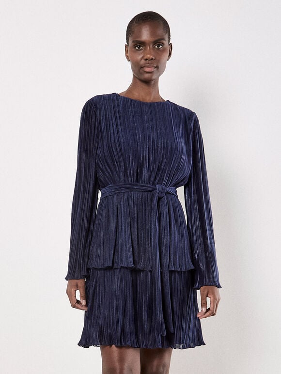 Plisse Tiered Mini Dress, Navy, large