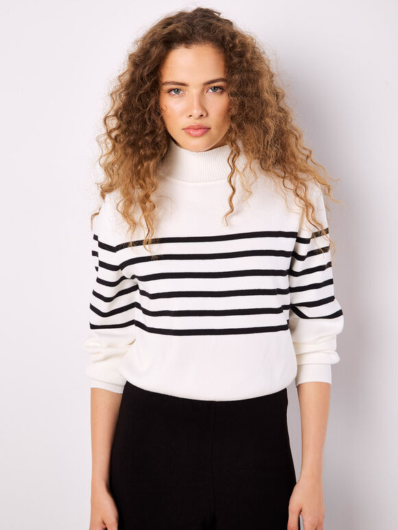 Mock Neck Stripe Jumper, White, large