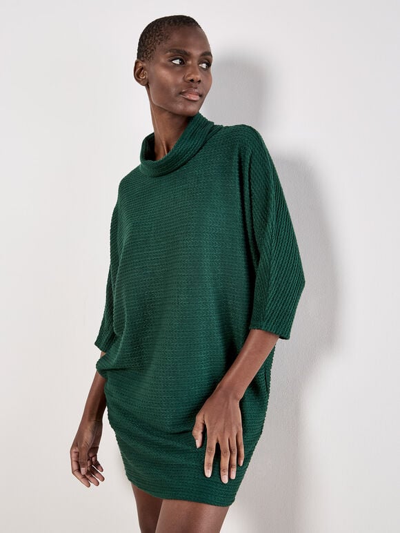 Textured Cable Knit Cocoon Jumper Mini Dress, Green, large