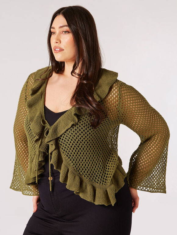 Curve Open Knit Ruffle Cardigan, Khaki, large