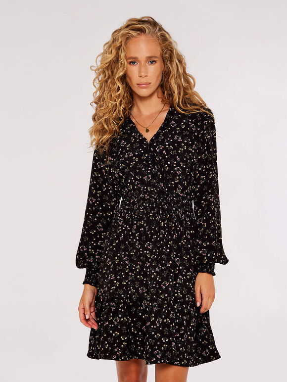 Ditsy Floral Mini Dress, Black, large