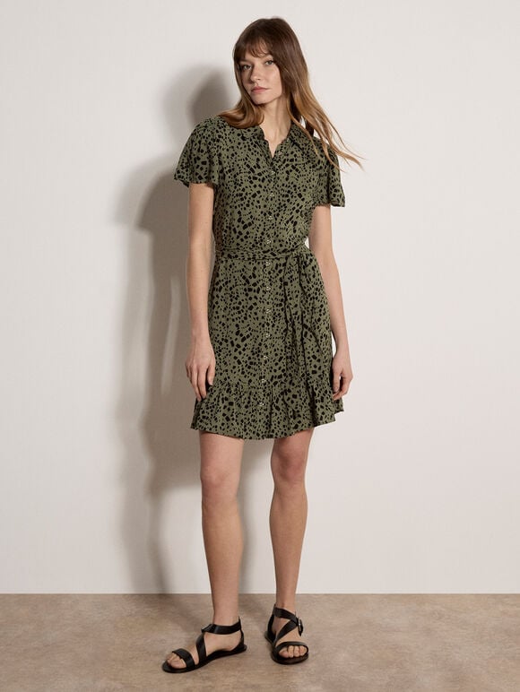 Scattered Squares Shirt Mini Dress, Khaki, large