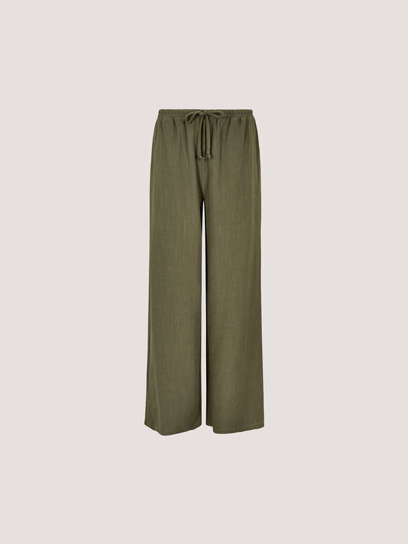 Linen Blend Wide Leg Trousers, Khaki, large