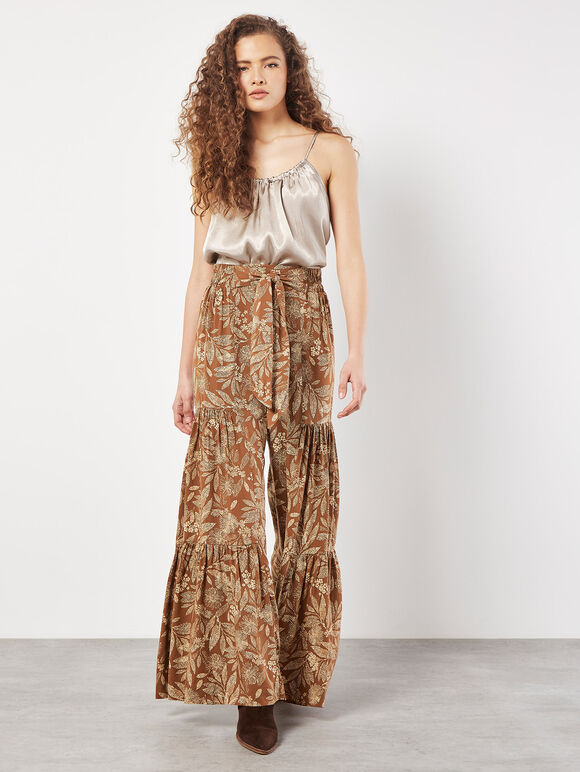 Batik Leaves Tiered Wide-Leg Trousers, Rust, large