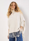 Roll Neck Fringe Poncho Jumper, Cream, large