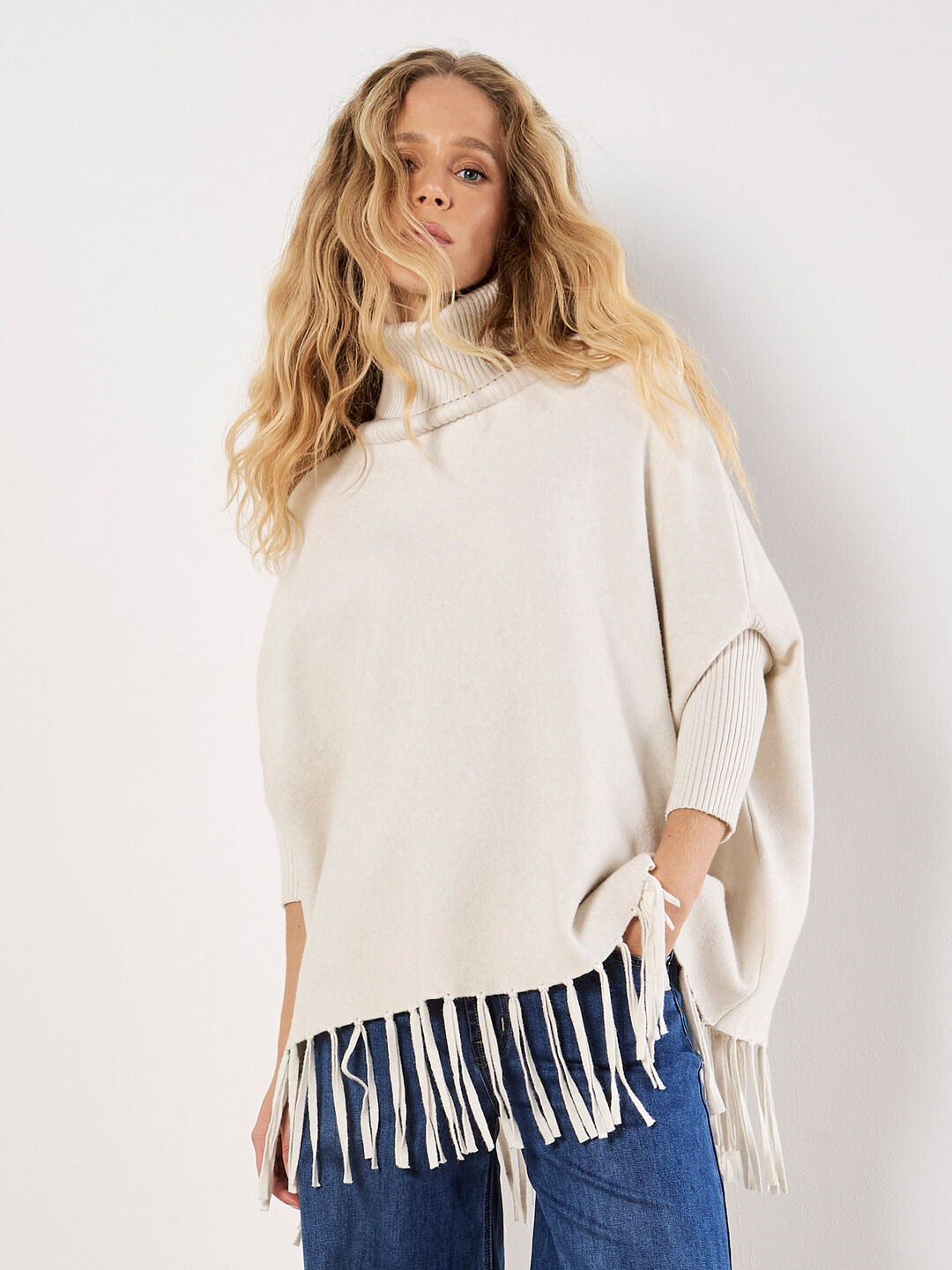 Pull Poncho BRAX TAYLOR Avec Franges - Taille 36/38 - Couleur Taupe - Occasion Très Bon état