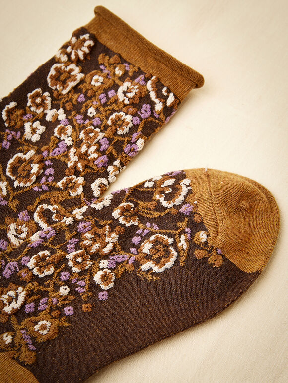 Floral print Cotton Socks, Brown, large