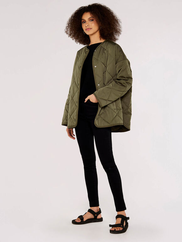 Collarless Quilted Jacket, Khaki, large