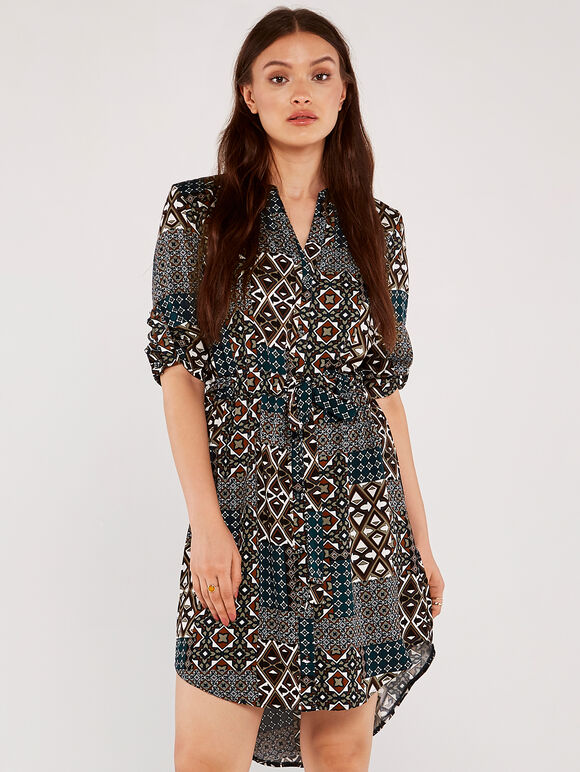  Retro Tile Print Drawstring Dress, Green, large
