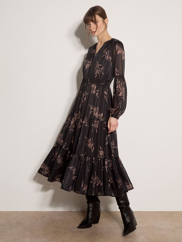 Metallic Shimmer Floral Silhouette Midi Dress, Black, large