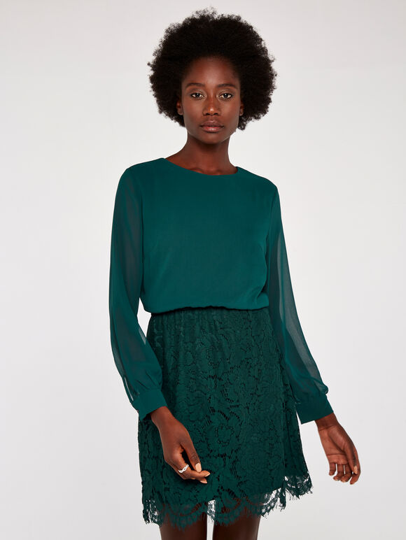 Chiffon Top and Lace Skirt Dress, Green, large