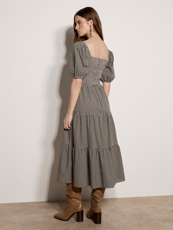 Cotton Gingham Milkmaid Midaxi Dress, Green, large